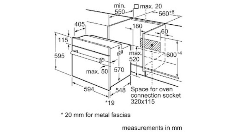 Kích thước lắp đặt lò nướng Bosch HBF133BS0A